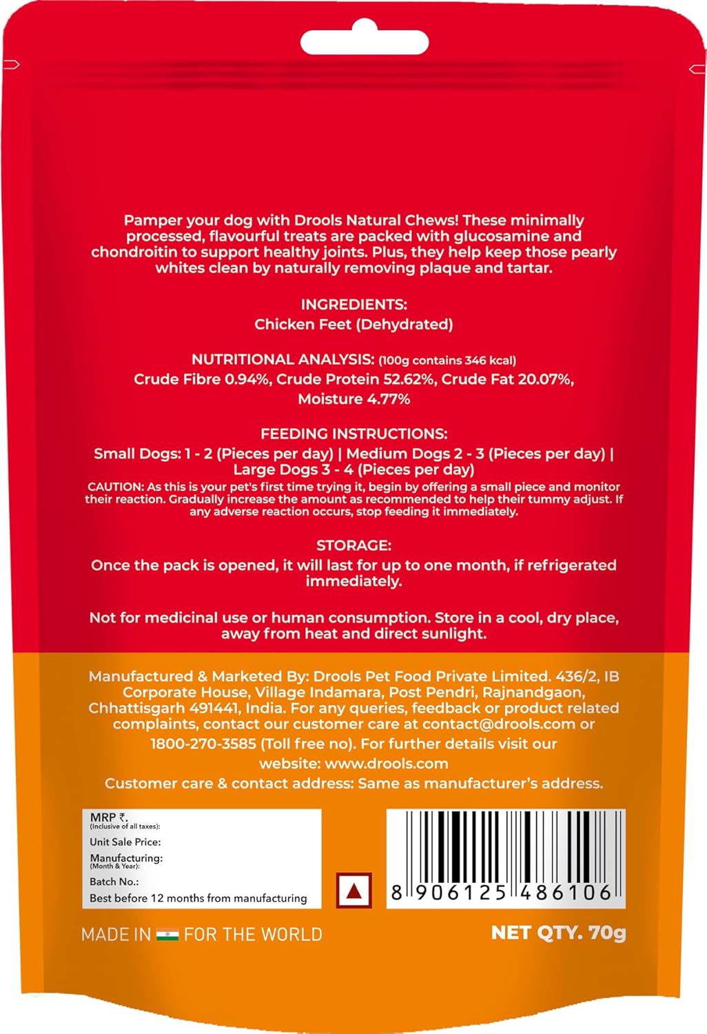 Drools Dog Treats, Dehydrated Real Chicken Chews Feet, 70g, All Life Stages, Bone