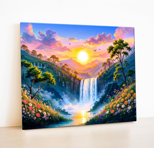 Canvas Rising Sun Painting For Vastu, Big Size Wall Art Scenery, Water Stream, North Wall, Waterfall Painting Vastu, Multicolor, Nature, 58.0 X 45.0 cm, Set of 1