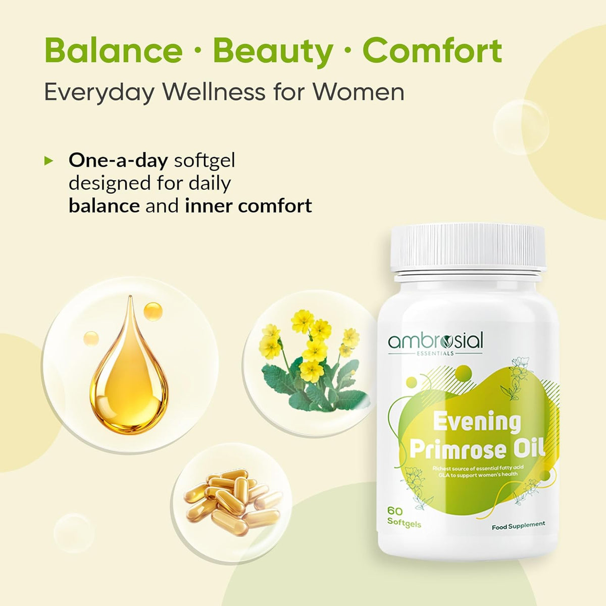 Ambrosial Evening Primrose Oil supplement bottle with product details on a light green background