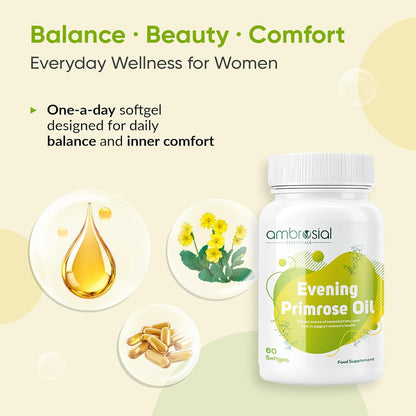 Ambrosial Evening Primrose Oil supplement bottle with product details on a light green background