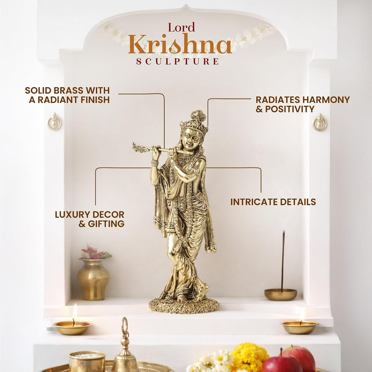 Handcrafted Brass Krishna Murti | Divine Flute-Playing Lord Krishna Idol for Home Temple & Spiritual Decor (Design02: L5 x W4 x H12 cm)