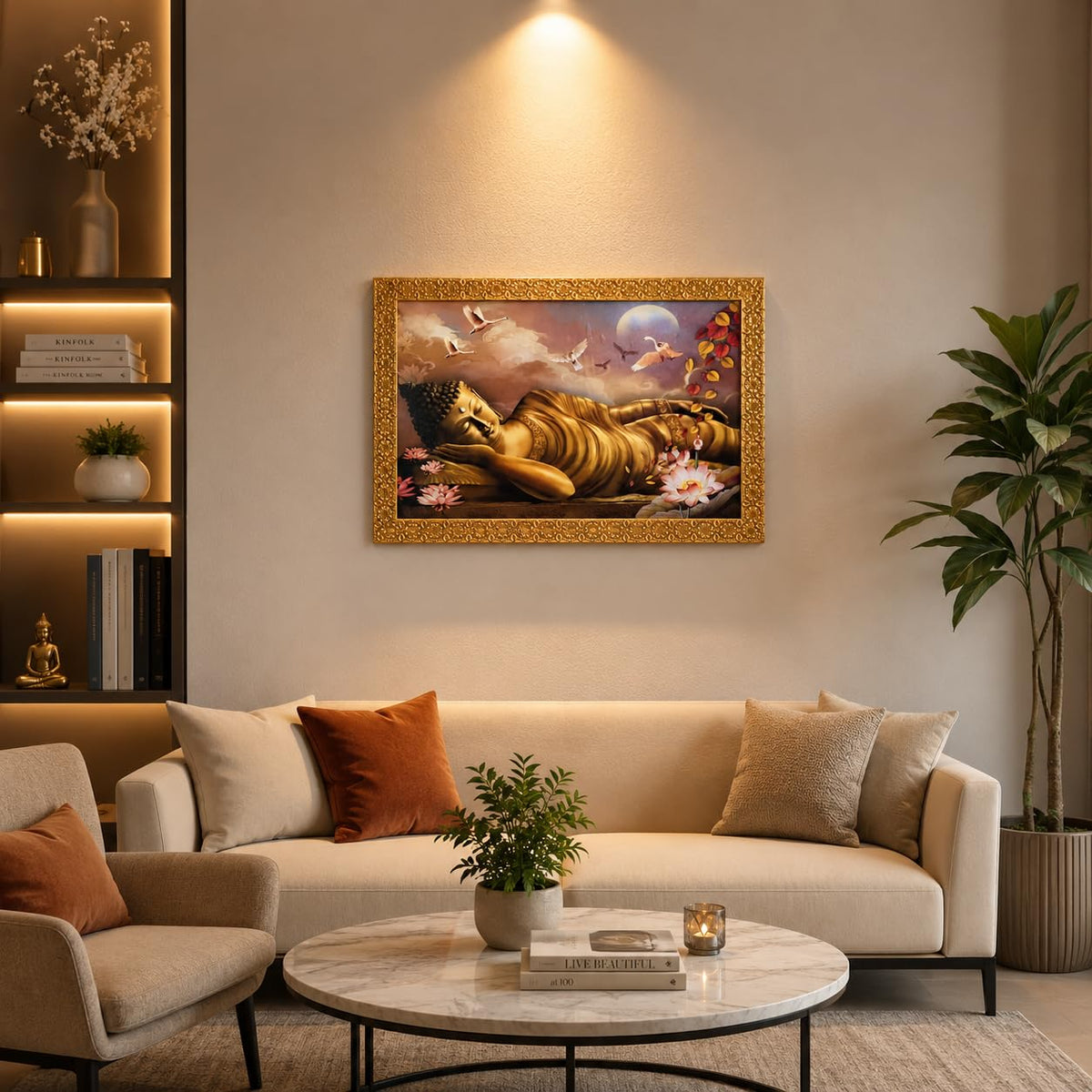 Buddha Art Framed Painting for Luck, Prosperity | Ready to Hang (Wooden Frame, 12inch x 18 inch, Golden)