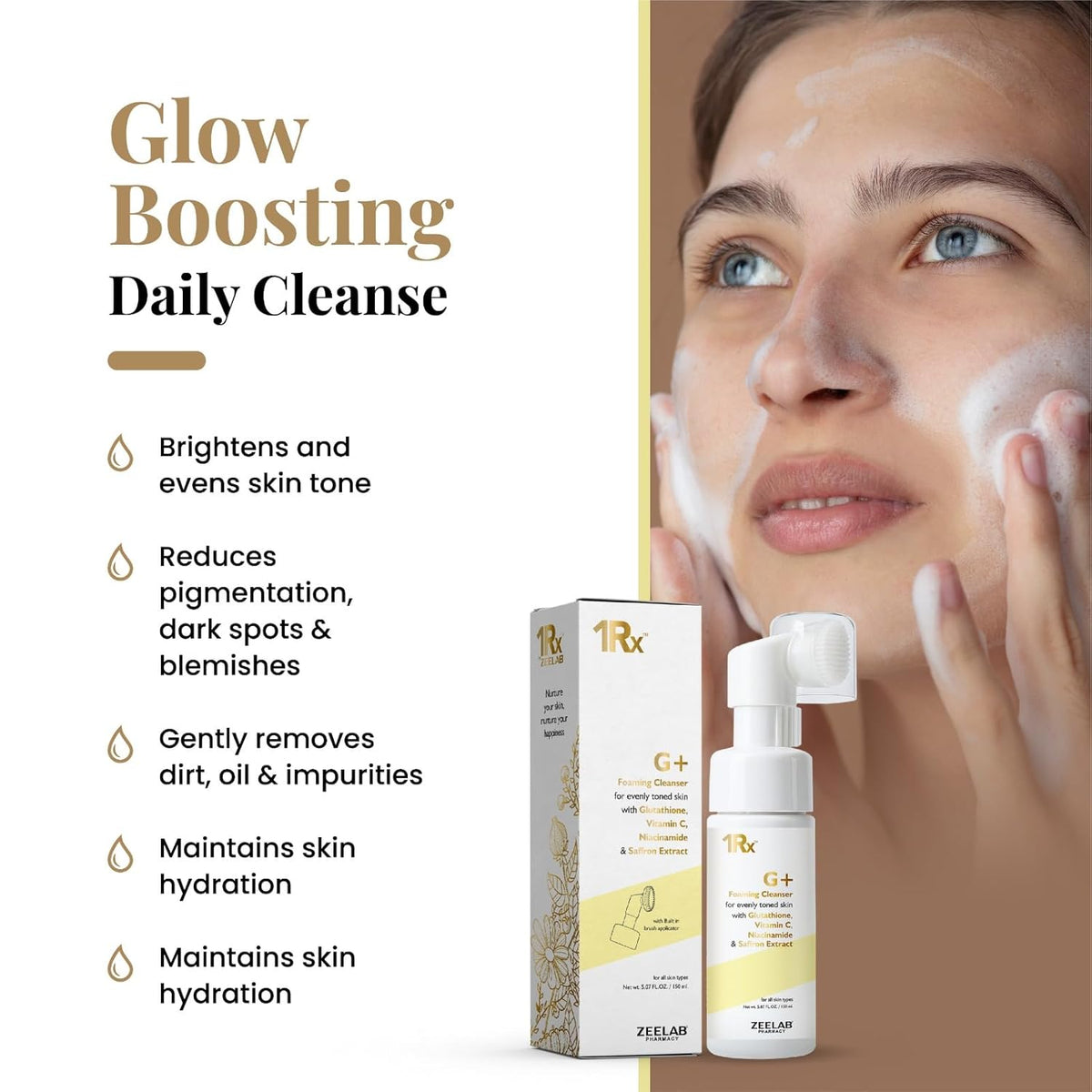Glow Boosting Daily Cleanse product with a woman cleansing her face, featuring text on benefits.