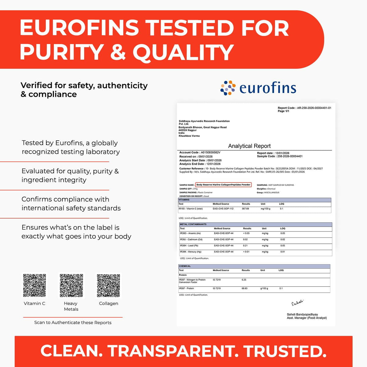 Eurofins quality and purity testing report with branding and text on a white background