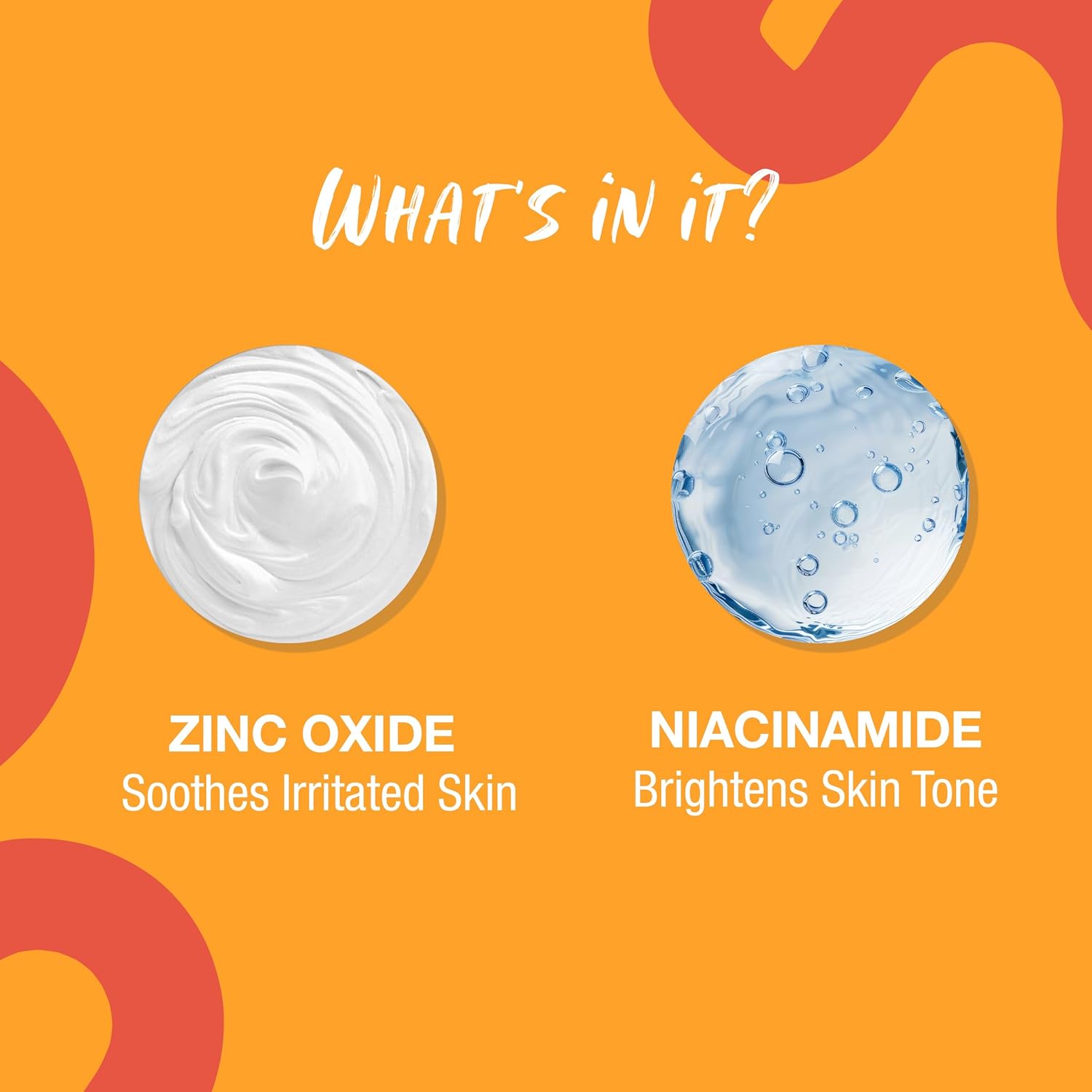 Product ingredients with Zinc Oxide and Niacinamide on an orange background