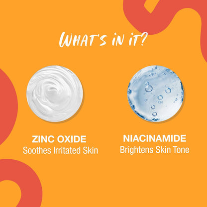 Product ingredients with Zinc Oxide and Niacinamide on an orange background