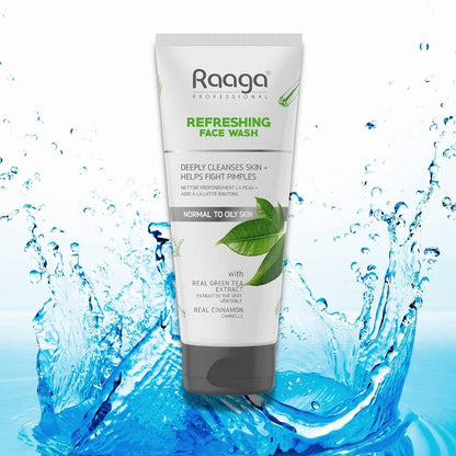 Raaga Refreshing Face Wash tube with water splashes on a white background