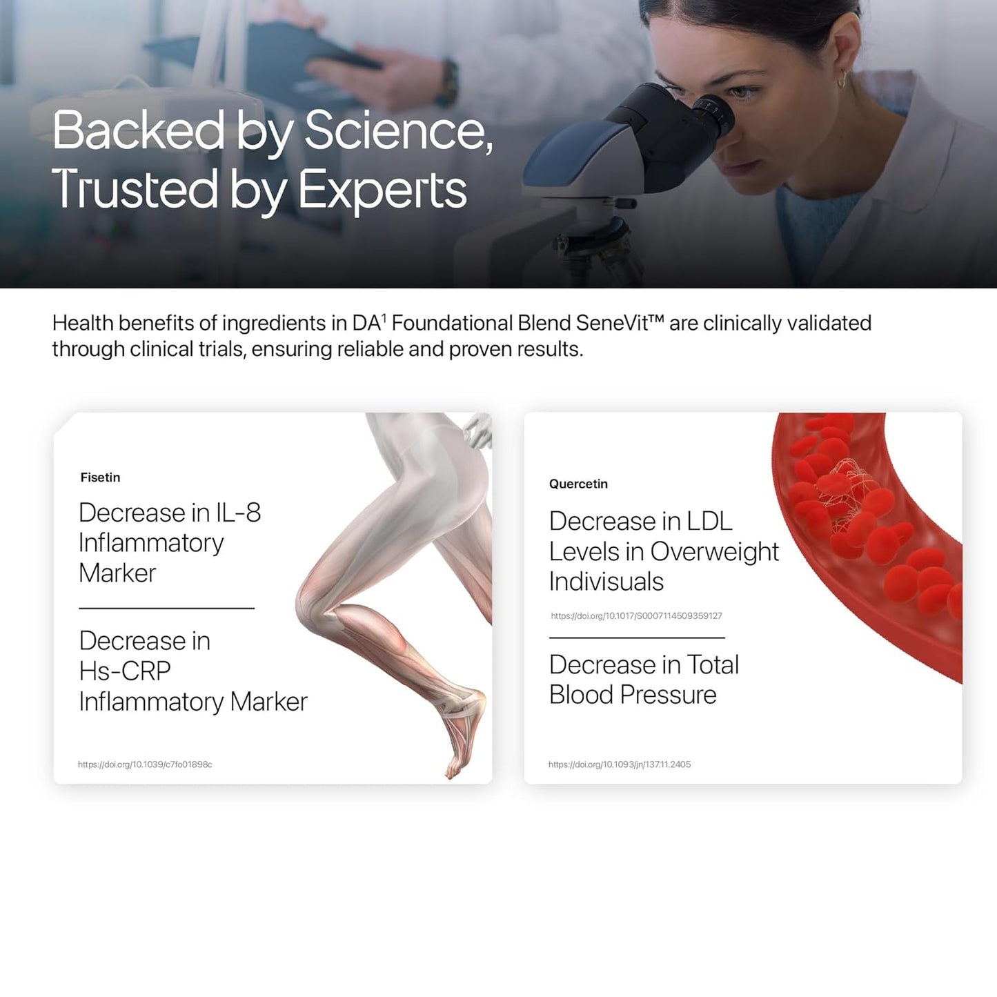 Advertisement for a health supplement with scientific claims and images of a person using a microscope.