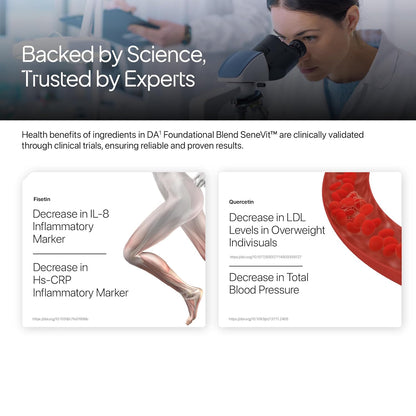 Advertisement for a health supplement with scientific claims and images of a person using a microscope.