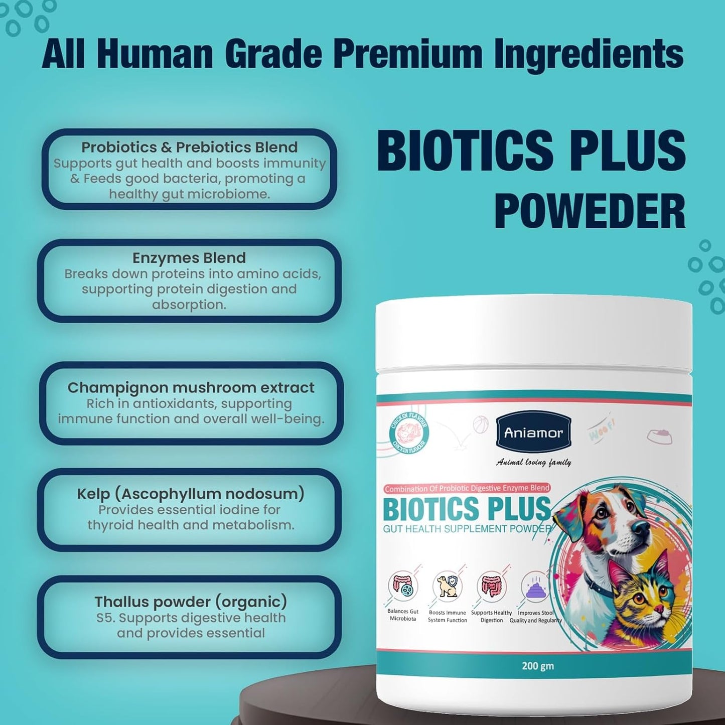 Aniamor Biotic Plus Powder |Gut Health|Pet Supplement|All Life Stage|200gm Jar