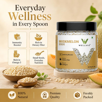 WELLAYA Muskmelon Seeds | Kharbooj Magaz Beej For Weight Loss | Healthy Diet Kharbuja Seeds | Rich in Omega-3, Antioxidants & Nutrients | Boosts Immunity, Energy & Digestion