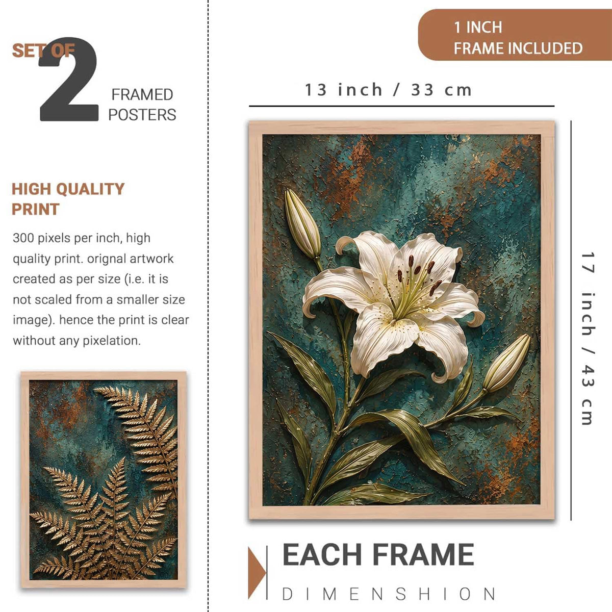2 Piece Framed Wall Art Set, 3D Textured Floral Botanical Painting, Modern Abstract Flower Wall Decor for Living Room, Bedroom, Dining Room & Office, Brown Frame, 13 x 19 Inch, Ready to Hang, Housewarming Gift