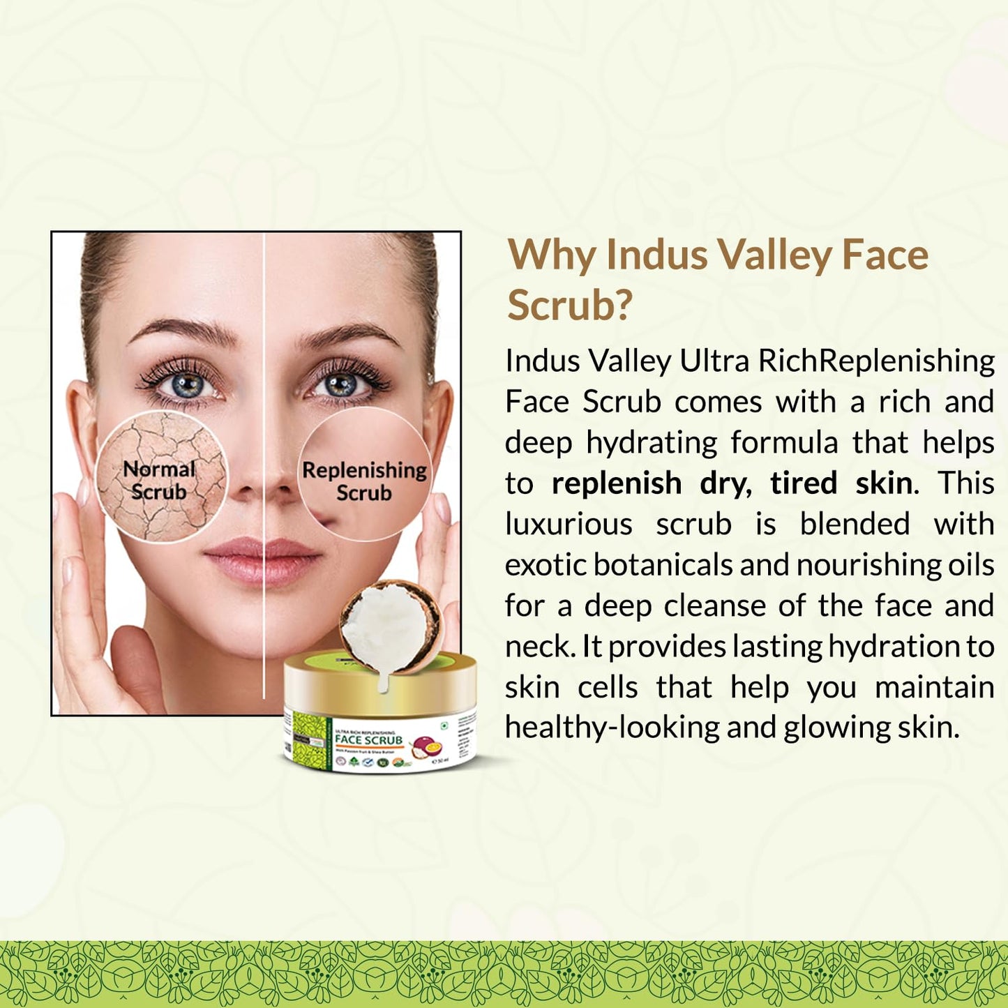 Indus Valley face scrub packaging with a woman's face showing before and after effects, and product description text.