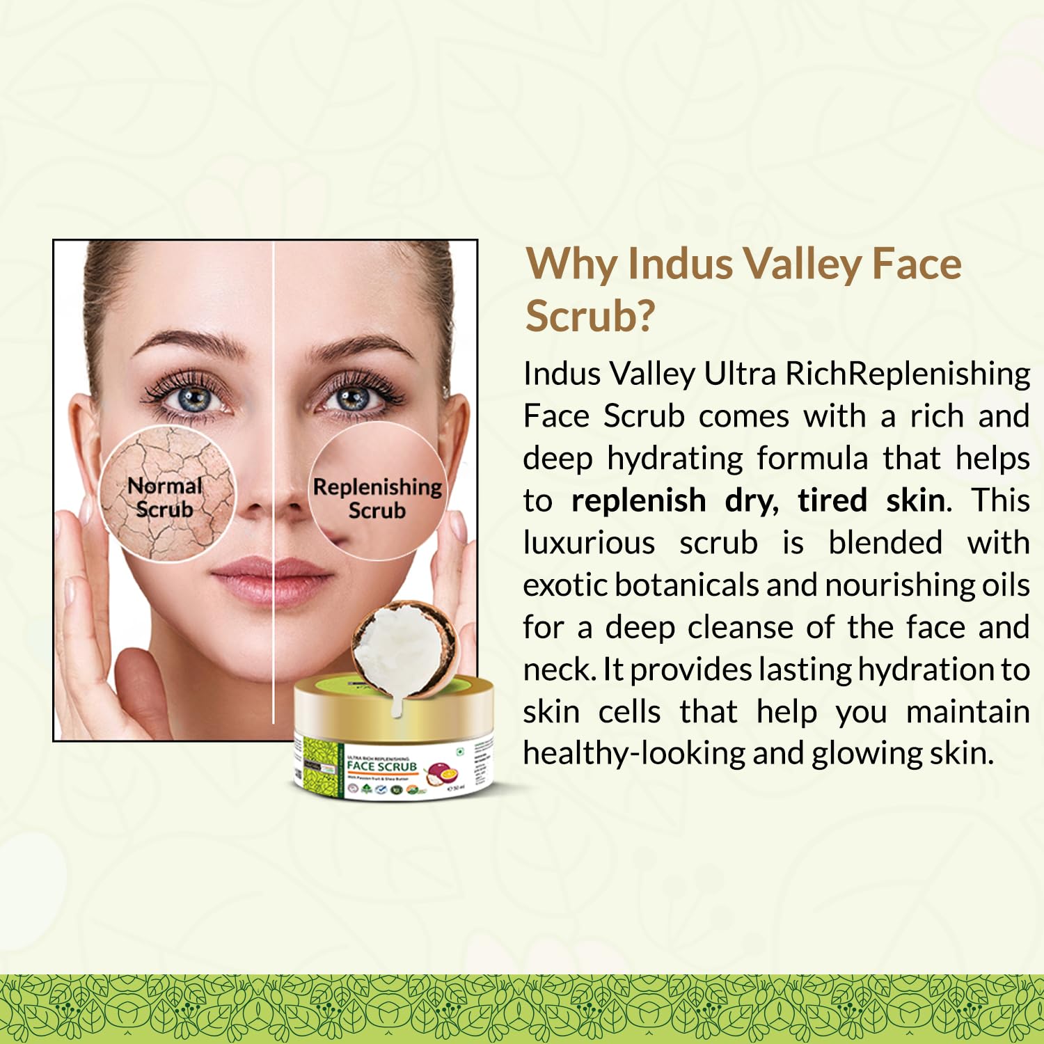 Indus Valley face scrub packaging with a woman's face showing before and after effects, and product description text.