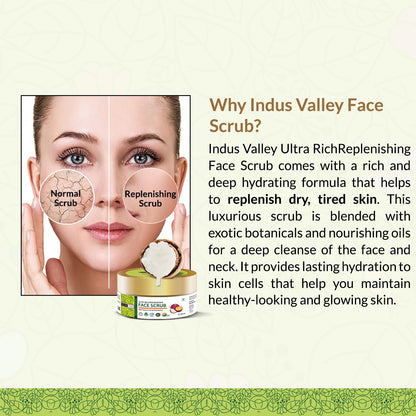 Indus Valley face scrub packaging with a woman's face showing before and after effects, and product description text.