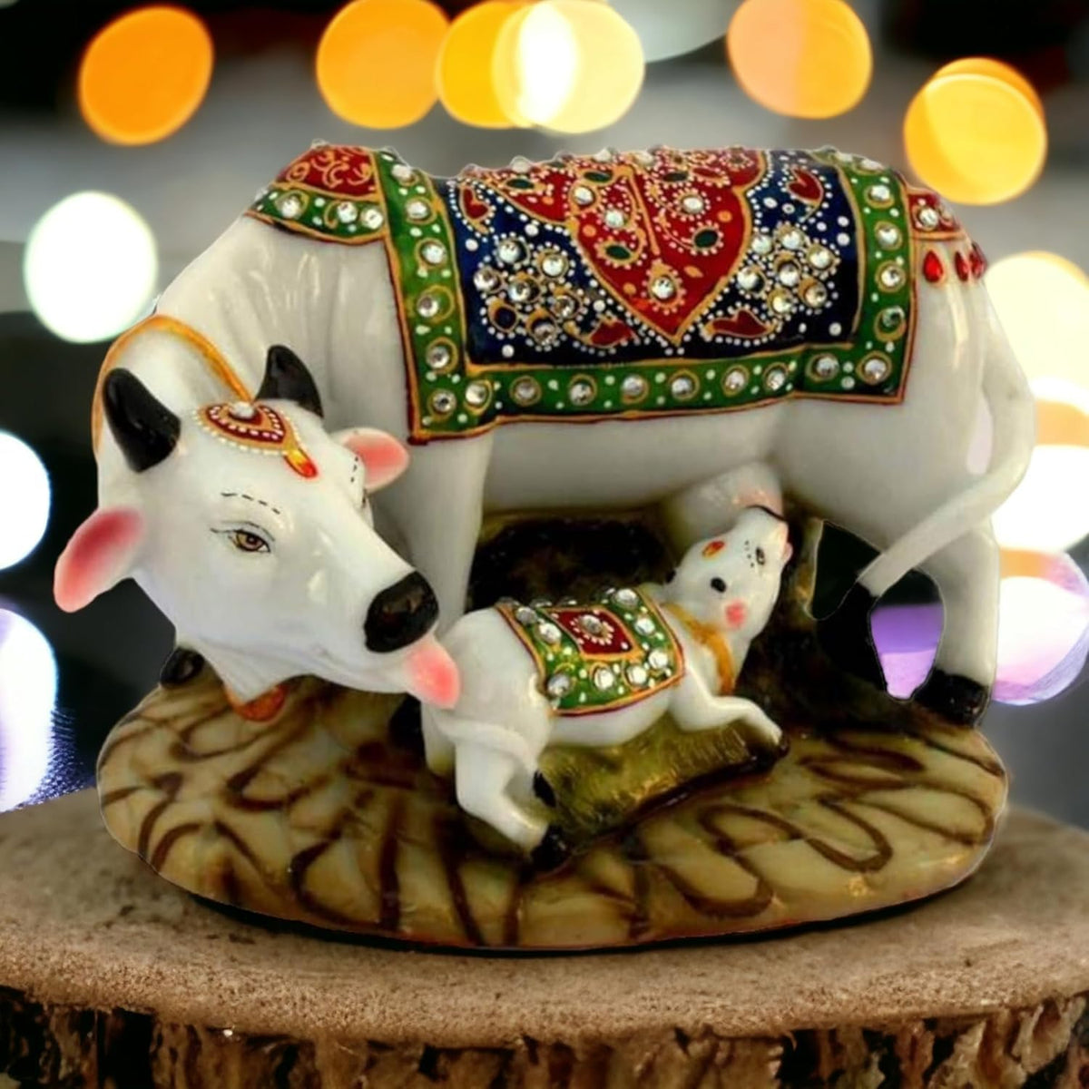 Decorative Marble Dust Cow & Calf Showpiece, Handicraft Gift Item, Resin Cow_Idol Statue (Regular Quality)