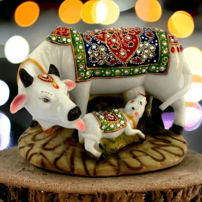 Decorative Marble Dust Cow & Calf Showpiece, Handicraft Gift Item, Resin Cow_Idol Statue (Regular Quality)
