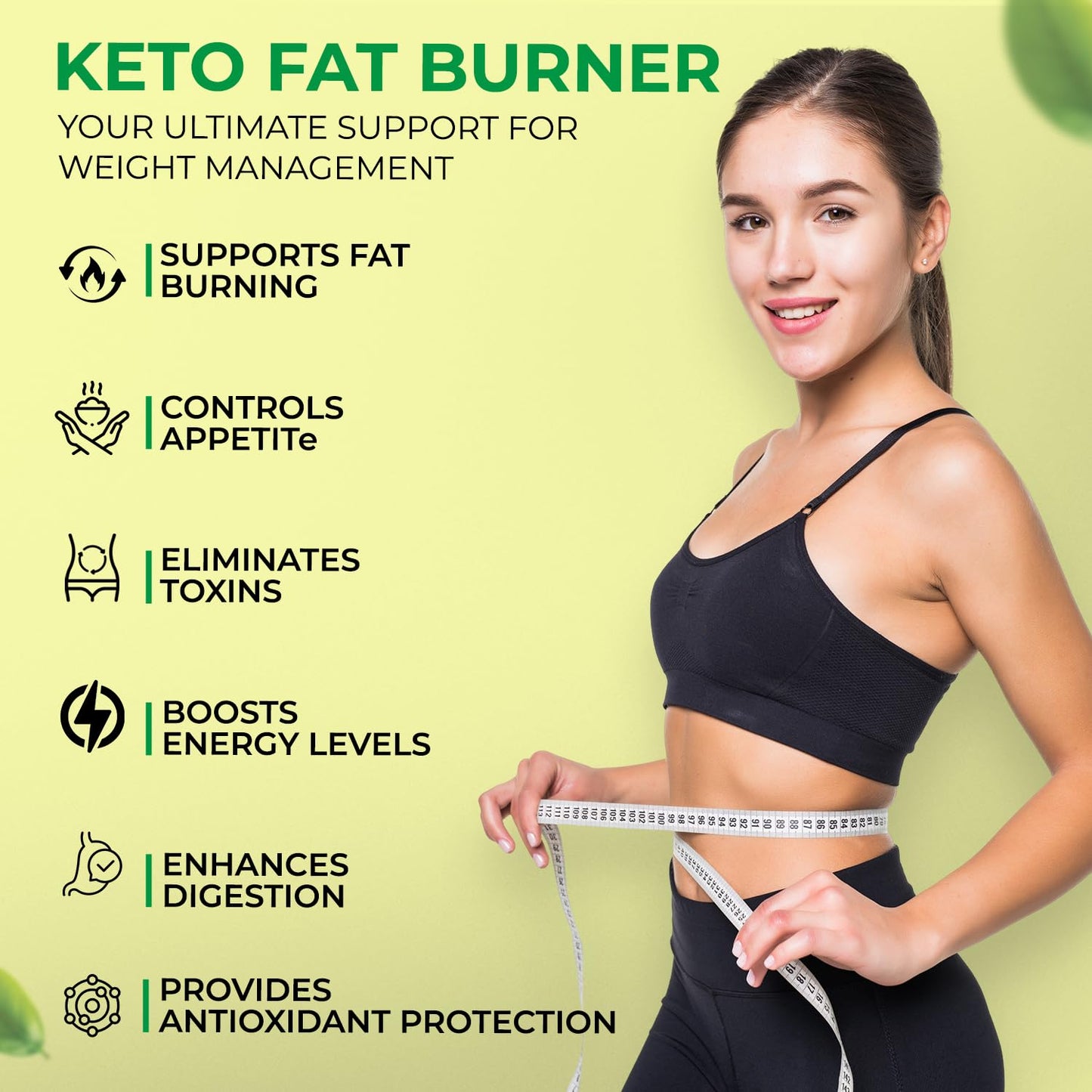Woman in athletic wear holding a measuring tape with text about keto fat burner benefits on a green background