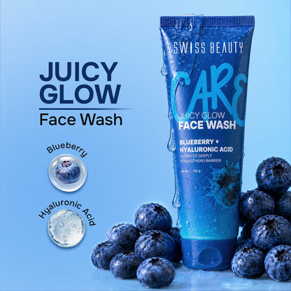 Swiss Beauty Care Juicy Glow Face Wash | Blueberry + Hyaluronic Acid| Removes Dirt & Grime | Improves Skin Texture | Deeply Nourishes | Gently Exfoliates - 100g