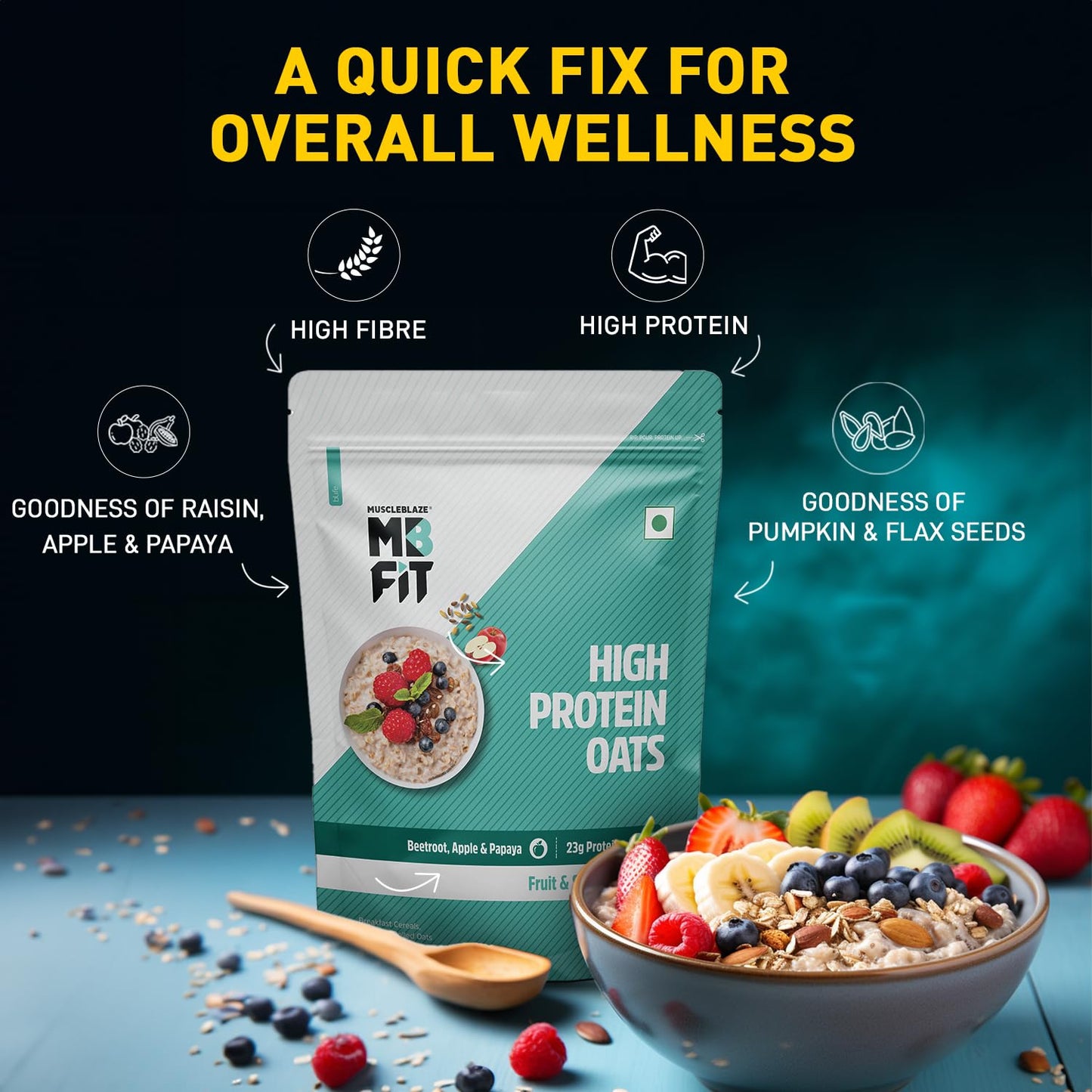 MuscleBlaze Fit High Protein Oats (Fruit & Super Seeds, 1kg) | 23g Protein | Breakfast Cereals for Weight Management