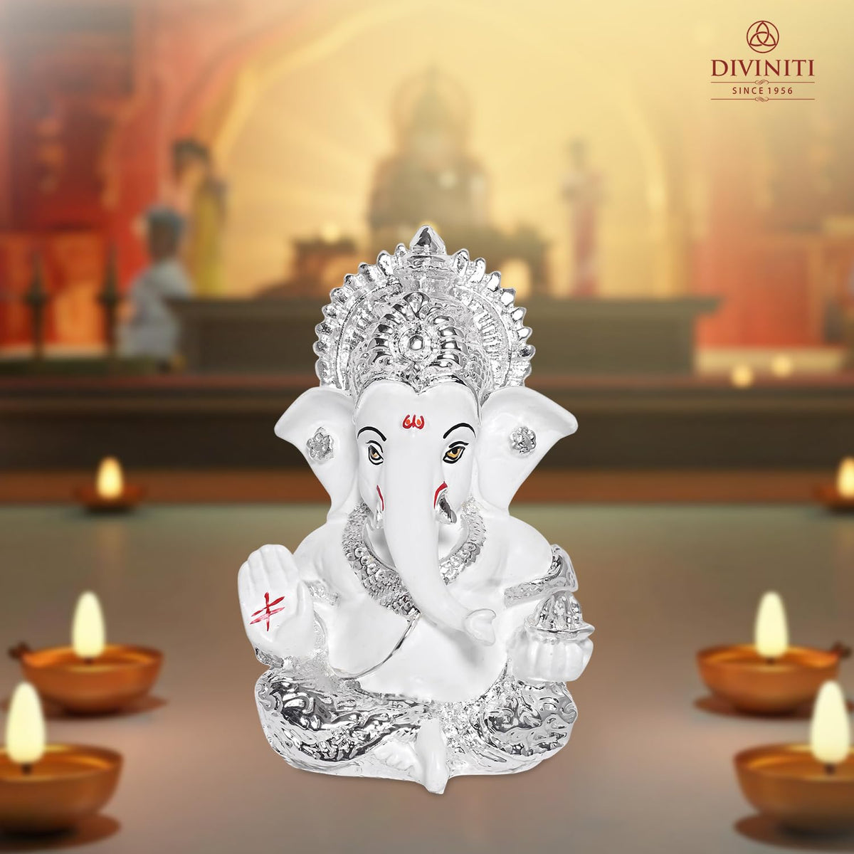 999 Silver Plated Resin Lord Ganesha Idol for Car Dashboard, Tabletop|Ganesh Statue for Good Luck and Success|Ganpati Murti for Home Decor Mandir, Office Desk Puja Gift White (8.4x4.2cm)