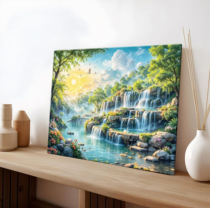 Canvas Step Waterfall Painting Vastu, Big Size Scenery, Water Stream, Mountain Painting Vastu Water Fall, Multicolor, Nature, 58.0 X 45.0 cm, Set of 1