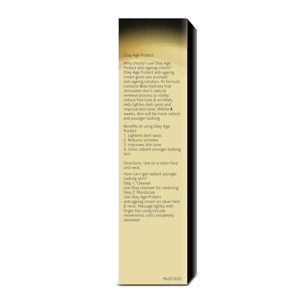 Skincare product packaging with text on a white background