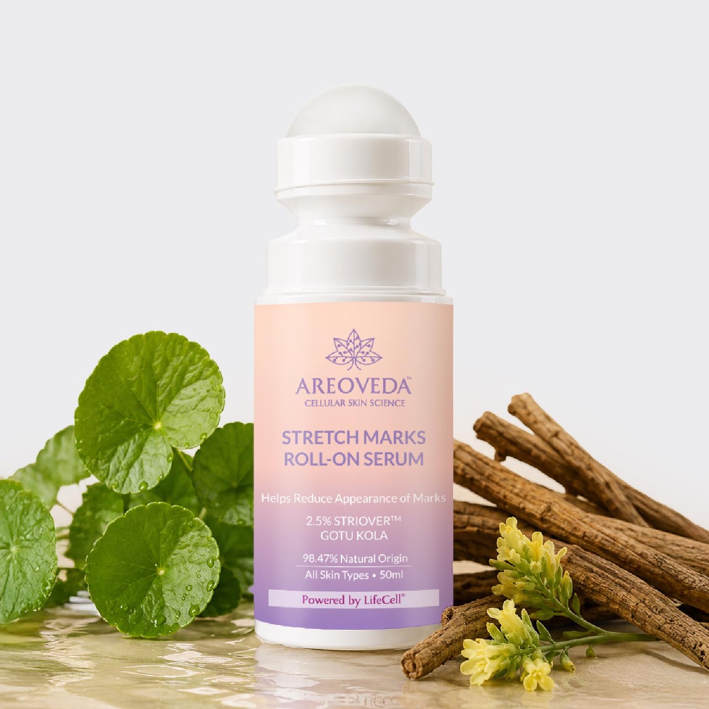 AreoVeda Stretch Marks Roll-On Serum with Gotukola, 3% PENTAVITIN® & 2.5% StrioverTM | Boosts Collagen Synthesis & Skin Elasticity | Fades Stretch Marks in 28 Days | Pregnancy-Safe | 50 ml