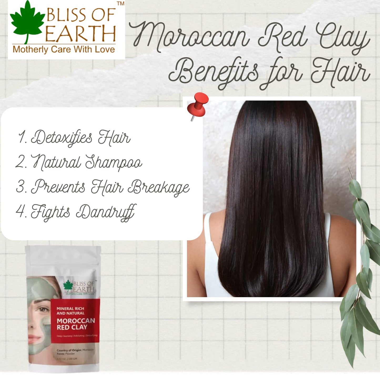Bliss of Earth Original Moroccan Red Clay Powder | 100GM | Natural Facial Mask & Skin Care Treatment | Anti-Ageing | Heals Dry & Oily Skin | Detoxifying & Rejuvenating |