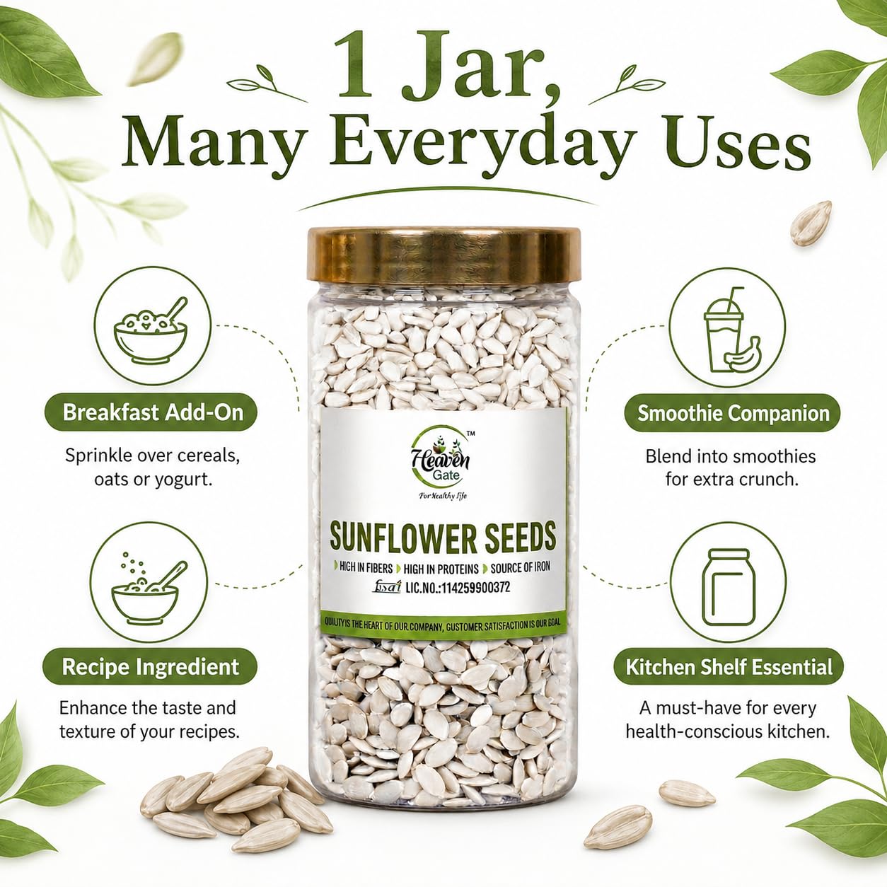 Heaven Gate Raw Sunflower Seeds | High in Vitamin E, Dietary Fibre & Protein | Raw Seeds for Eating | Healthy Snacks | Baking & Cooking | Diet Food | Edible