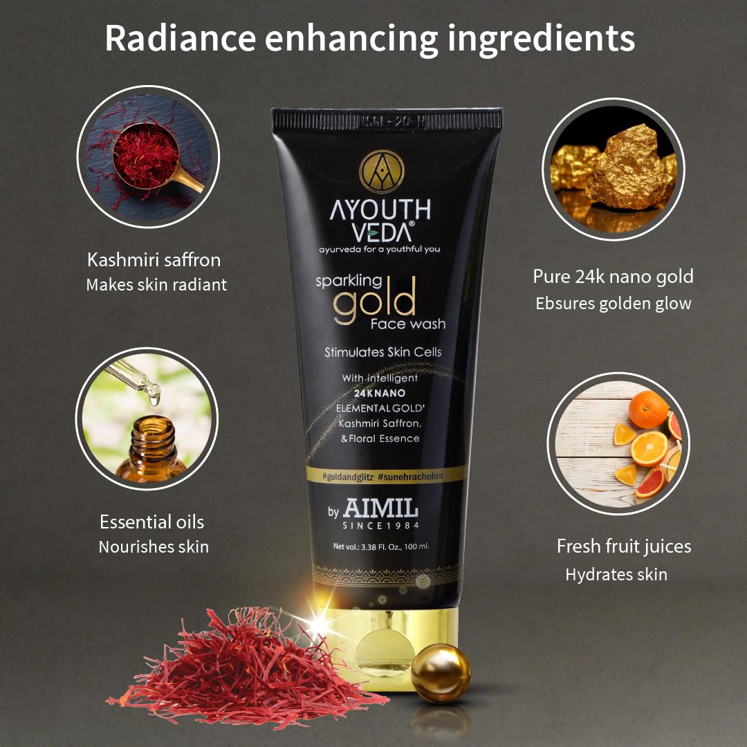 Ayouthveda Sparkling 100 ml Gold Face Wash With 24k Gold & Saffron | Face Wash for Glowing Skin Men and Women | Suitable for Normal & Dry Skin (Pack of 1, 100Ml)