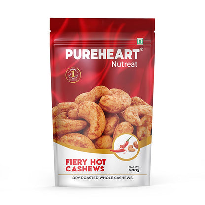 Pureheart Nutreat Fiery Hot Cashews, Premium Spicy Roasted Masala Cashew Nuts/Kaju Dry Fruit | Protein & Fiber Rich Chili Cashews| Crunchy Snack | No Artificial Colors, Flavors, Preservatives