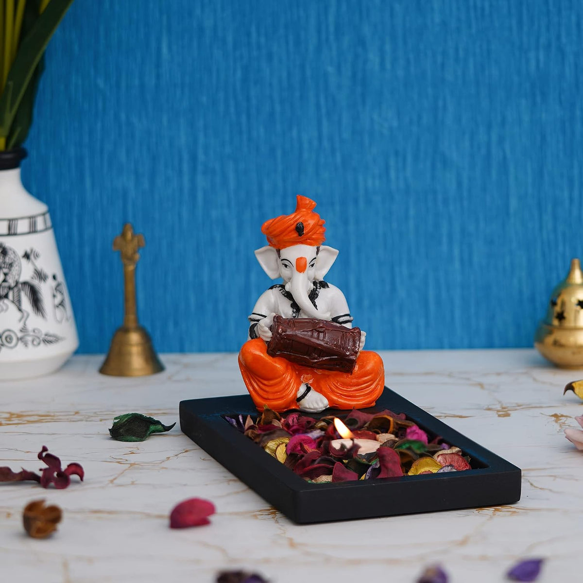 Orange White Resin Lord Ganesha Statue Playing Dholak Showpiece Potpourri Rectangle Tea Light Candle Holder|Ganpati Murti Tea Light Holder Diwali Decoration Item for Home Decor|Diwali Gift