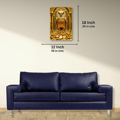 Golden Owl Sitting on Coins | Vastu Painting for Wealth & Prosperity | Golden Decorative Owl Wall Décor for Home & Office (Style-03, 12x18 inch)