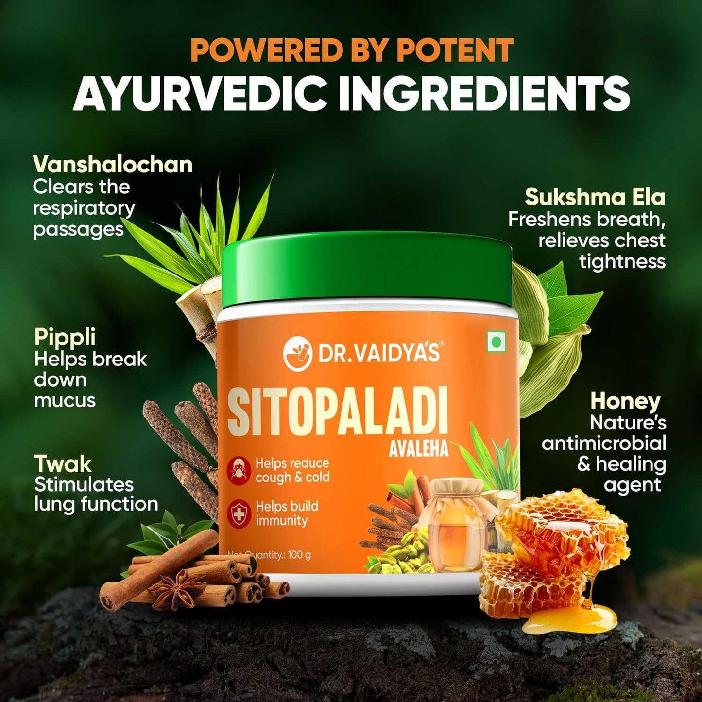Dr. Vaidya’s Sitopaladi – 100% Ayurvedic Remedy for Cough, Cold & Immunity Support during Winter, 100g | Sitopaladi for Respiratory Health & Phlegm Relief