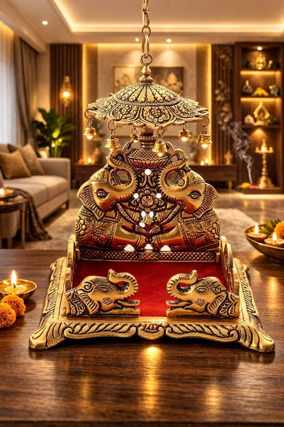 LABHCART Metal Krishna Sihasan, Laddu Gopal Singhasan for Home and Office Metal Home Temple - (10 Cm X 8 Cm X 18 Cm), Gold