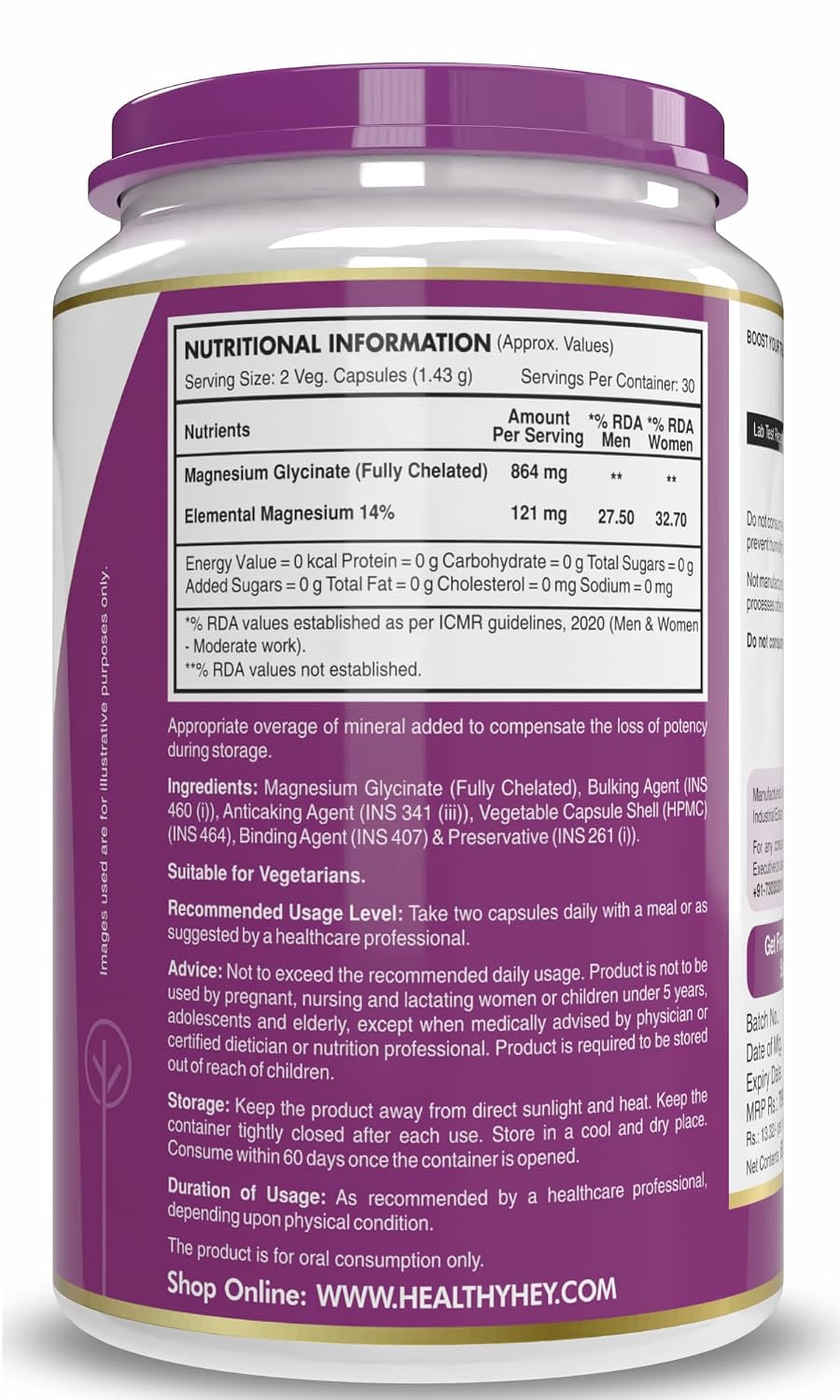 HealthyHey Nutrition Magnesium Glycinate 14% Fully Chelated Supplement High Absorption for Sleep, Cramps, & Nerves Health - 60 Vegetable Capsules
