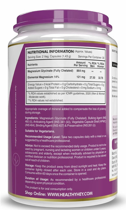 HealthyHey Nutrition Magnesium Glycinate 14% Fully Chelated Supplement High Absorption for Sleep, Cramps, & Nerves Health - 60 Vegetable Capsules