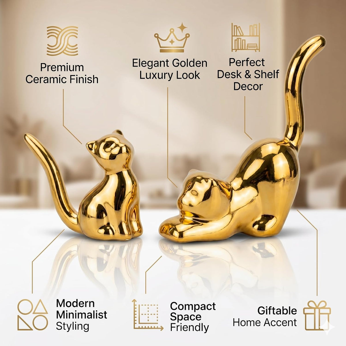 Street27 Home Decor Cat Statues, Modern Style Ceramic Golden Cat Figurine Statues for Home Decor Accents Living Room Office Table Bookshelf Desk Bedroom (2pcs Cute Cat)