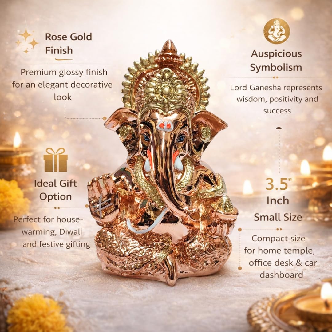 Gold Art India Rose Gold Finish Lord Ganesha Idol 3.5 Inch for Home Temple, Office Desk & Gifting | Premium Ganpati Murti