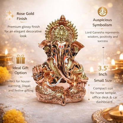 Gold Art India Rose Gold Finish Lord Ganesha Idol 3.5 Inch for Home Temple, Office Desk & Gifting | Premium Ganpati Murti