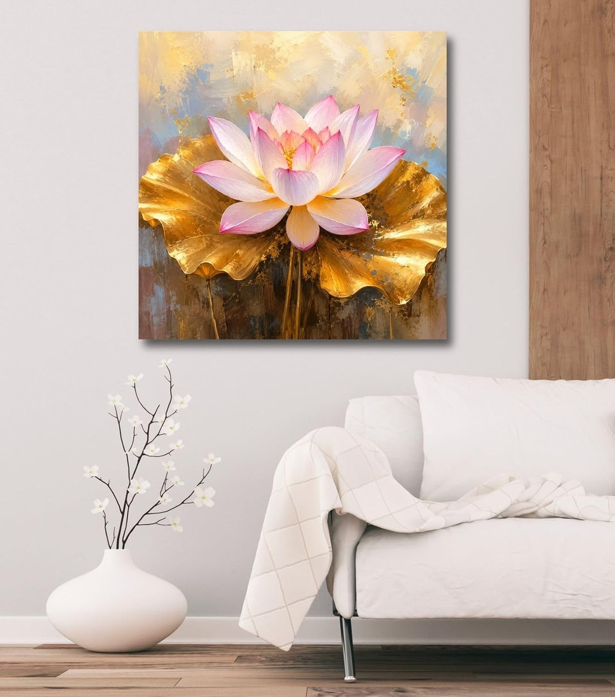 Lotus Flower Painting for Wall Vastu (15+ DESIGNS) Framed Lotus Canvas Painting for Living Room, Bedroom | Nature Floral Wall Art with Multiple Design Variations (Pink Golden Lotus, 18x18 Inch, Framed)