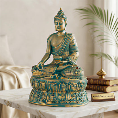 Buddha Statue Showpiece Idol Home Decor Items for Living Room and Gifts (Antique Golden Blue)