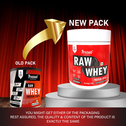 Pro360 Raw Whey Protein 100% - Unflavored - 250gm (100% Whey with Digestive Enzymes, 26.6g Protein, 5.97g BCAA, 4.7g Glutamic Acid per Serving)