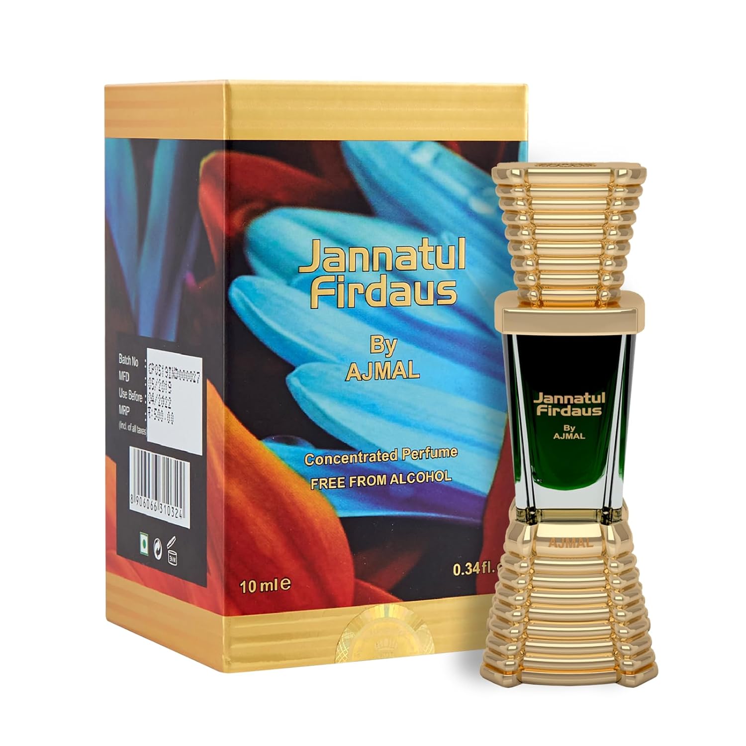 Jannatul Firdaus by Ajmal perfume bottle and packaging on a white background