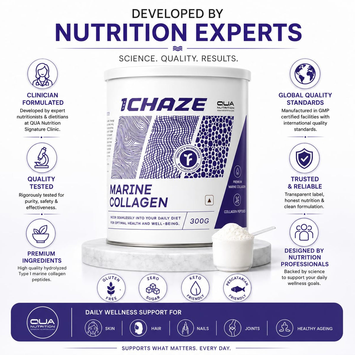 QUA Nutrition 1Chaze Marine Collagen Powder | Natural Collagen Supplements for Women & Men | Type 1 Peptides for Skin, Hair, Nails, Joints | Gluten-Free, Zero Sugar, Keto Friendly | 10g x 25 Servings