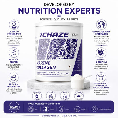 QUA Nutrition 1Chaze Marine Collagen Powder | Natural Collagen Supplements for Women & Men | Type 1 Peptides for Skin, Hair, Nails, Joints | Gluten-Free, Zero Sugar, Keto Friendly | 10g x 25 Servings