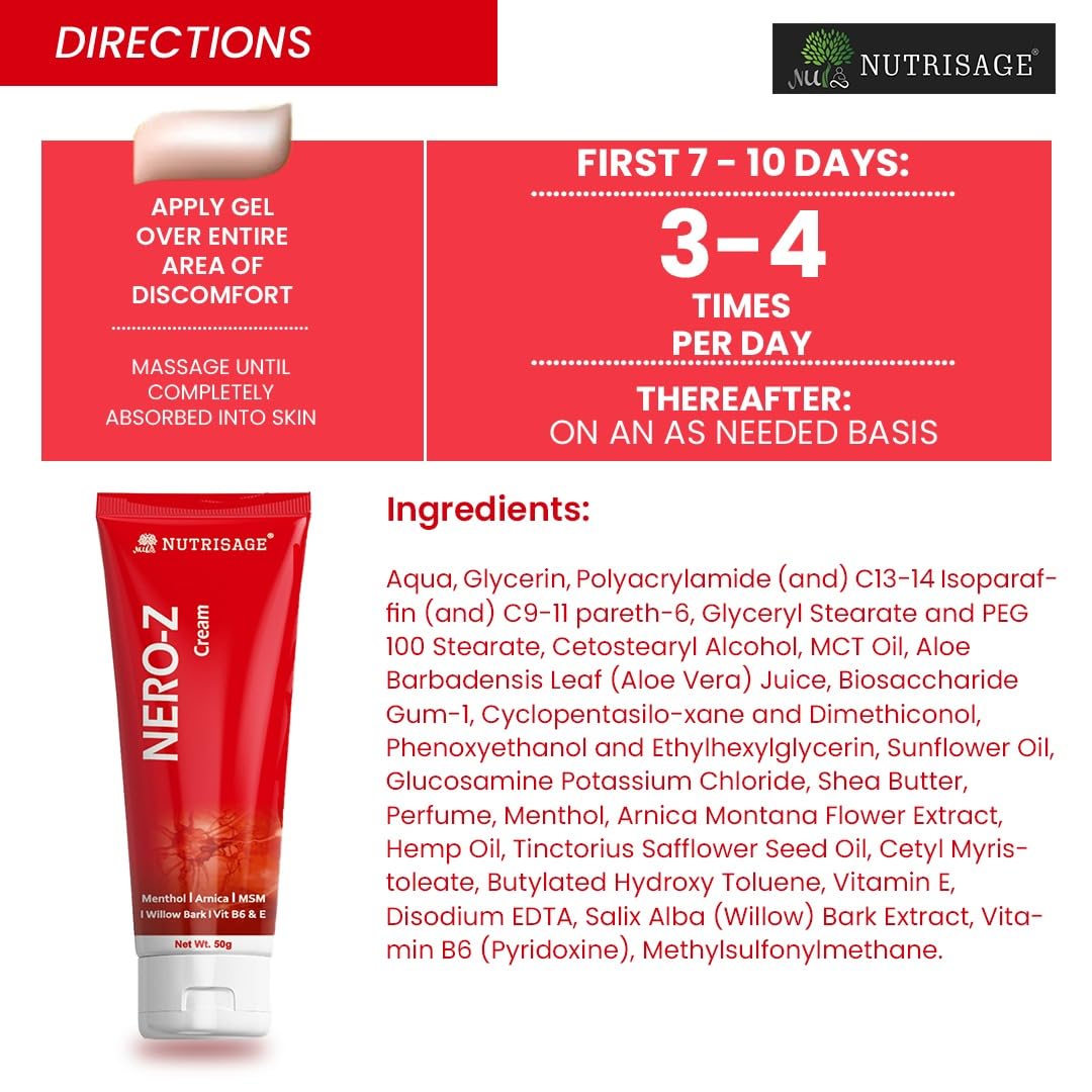 Nero-Z Neuropathy Nerve Relief Cream - Fast Acting Max Relief for Feet, Hands,Legs,Toes,Back-Ultra Strength Menthol,Arnica, Aloe Vera,MSM,Soothing Natural Nerve Comfort, Paraben-Free 50 g
