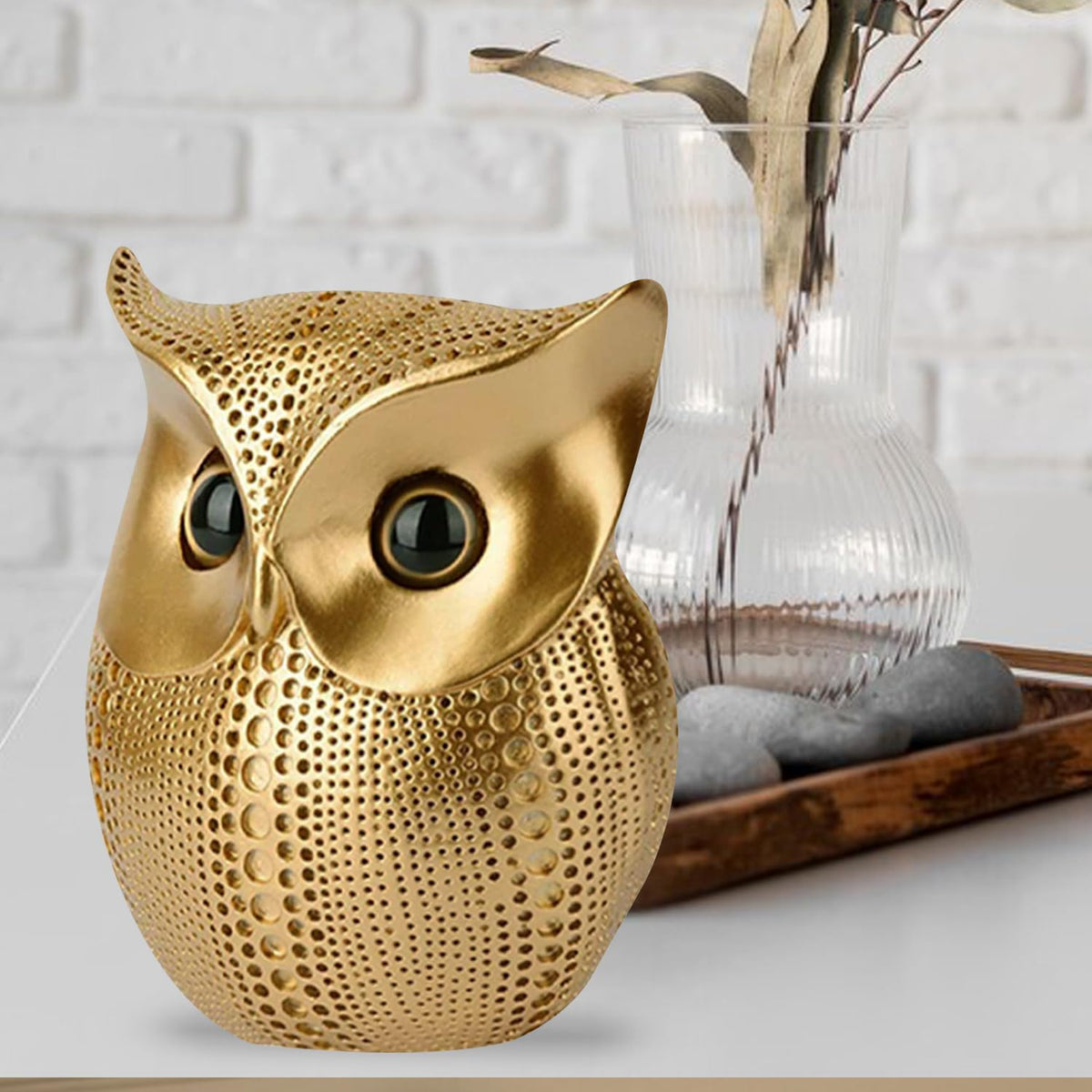 Modern Classy Happy Owl Resin Art Figure Showpiece (Golden, 13 cm, 6.5 cm)