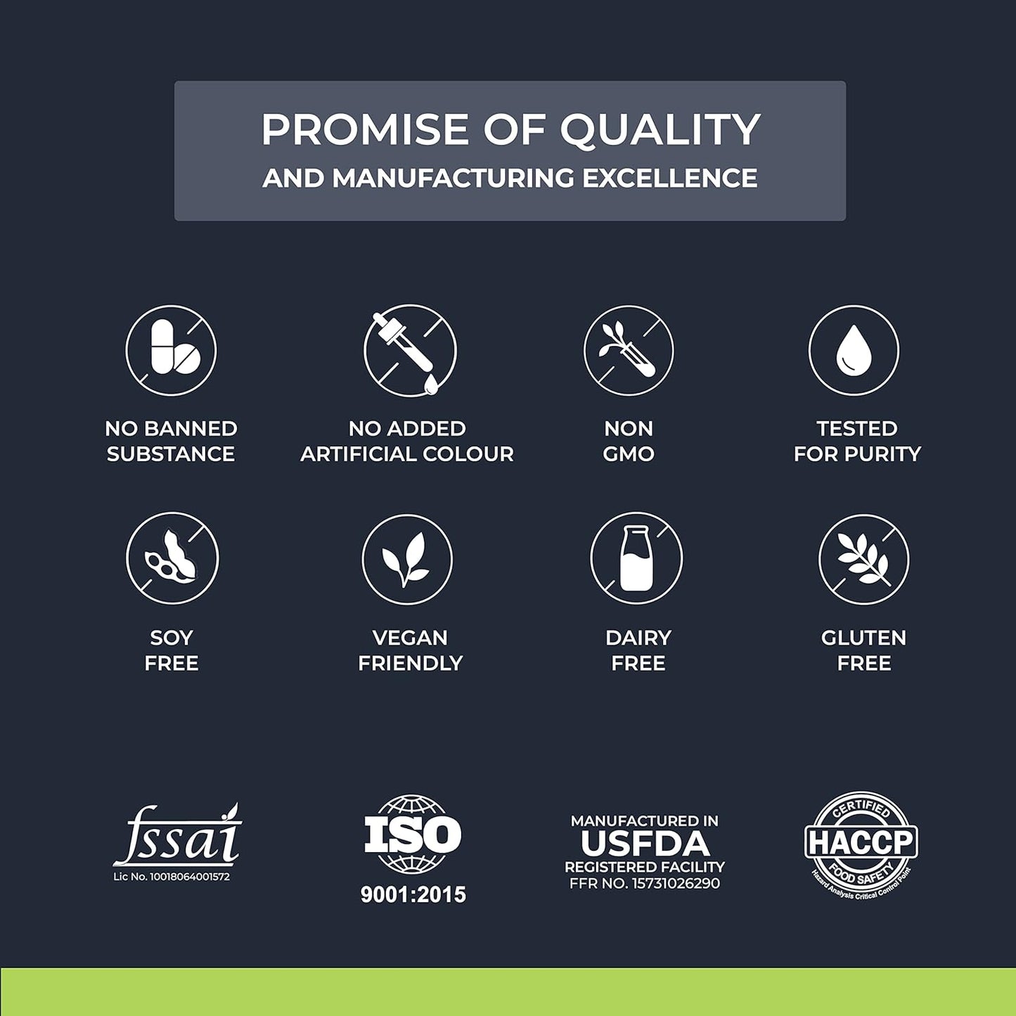 Quality and manufacturing excellence icons with certification logos on a dark background